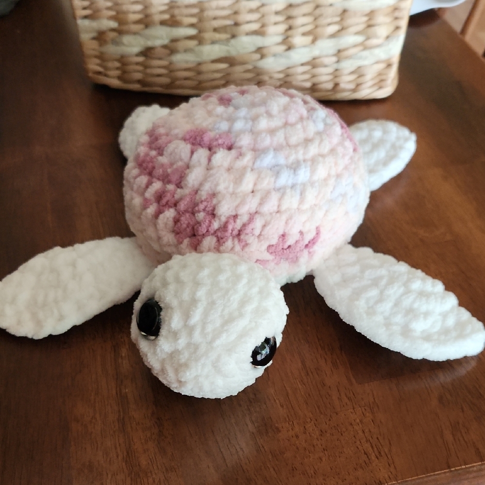 Handmade Crocheted Plush Turtle in Pink and White